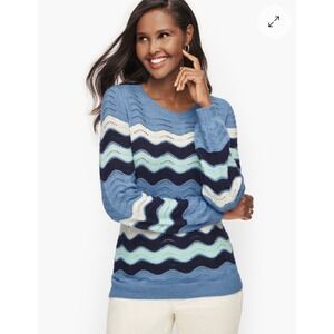 Talbots Supersoft Cotton Blend Crewneck Stripe Sweater Blue Medium Beach Coastal